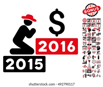 Pray for Money 2016 pictograph with bonus calendar and time management clip art. Vector illustration style is flat iconic bicolor symbols, intensive red and black colors, white background.