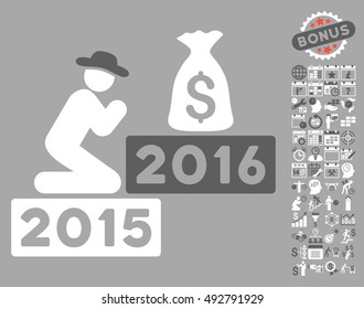 Pray for Money 2016 pictograph with bonus calendar and time management images. Vector illustration style is flat iconic bicolor symbols, dark gray and white colors, silver background.