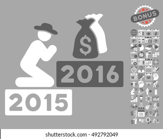 Pray for Money 2016 pictograph with bonus calendar and time management icon set. Vector illustration style is flat iconic bicolor symbols, dark gray and white colors, silver background.