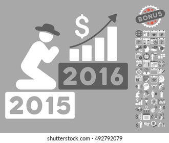 Pray for Money 2016 pictograph with bonus calendar and time management pictogram. Vector illustration style is flat iconic bicolor symbols, dark gray and white colors, silver background.