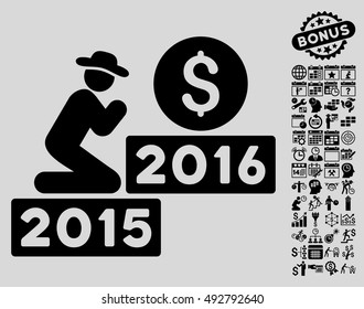 Pray for Money 2016 pictograph with bonus calendar and time management clip art. Vector illustration style is flat iconic symbols, black color, light gray background.