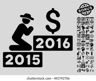 Pray for Money 2016 pictograph with bonus calendar and time management pictogram. Vector illustration style is flat iconic symbols, black color, light gray background.
