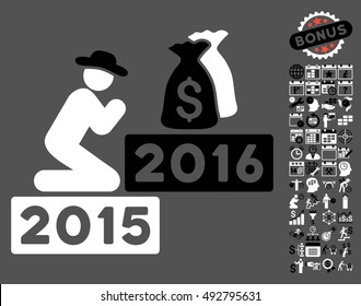 Pray for Money 2016 pictograph with bonus calendar and time management design elements. Vector illustration style is flat iconic bicolor symbols, black and white colors, gray background.