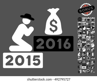 Pray for Money 2016 pictograph with bonus calendar and time management graphic icons. Vector illustration style is flat iconic bicolor symbols, black and white colors, gray background.