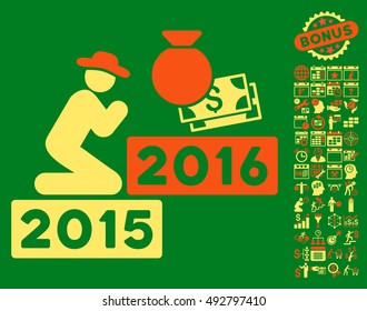 Pray for Money 2016 pictograph with bonus calendar and time management graphic icons. Vector illustration style is flat iconic bicolor symbols, orange and yellow colors, green background.