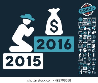 Pray for Money 2016 pictograph with bonus calendar and time management design elements. Vector illustration style is flat iconic bicolor symbols, blue and white colors, dark blue background.