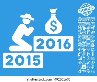 Pray for Money 2016 pictograph with bonus calendar and time management images. Vector illustration style is flat iconic symbols, white color, blue background.