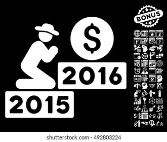 Pray for Money 2016 pictograph with bonus calendar and time management pictogram. Vector illustration style is flat iconic symbols, white color, black background.