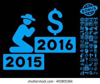 Pray for Money 2016 pictograph with bonus calendar and time management pictograph collection. Vector illustration style is flat iconic symbols, blue color, black background.