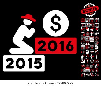 Pray for Money 2016 pictograph with bonus calendar and time management pictogram. Vector illustration style is flat iconic bicolor symbols, red and white colors, black background.