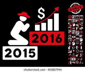Pray for Money 2016 pictograph with bonus calendar and time management clip art. Vector illustration style is flat iconic bicolor symbols, red and white colors, black background.