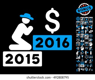 Pray for Money 2016 pictograph with bonus calendar and time management design elements. Vector illustration style is flat iconic bicolor symbols, blue and white colors, black background.
