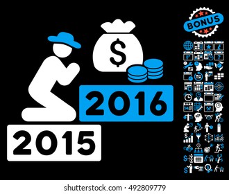 Pray for Money 2016 pictograph with bonus calendar and time management pictures. Vector illustration style is flat iconic bicolor symbols, blue and white colors, black background.