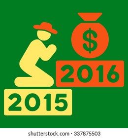 Pray For Money 2016 vector icon. Style is bicolor flat symbol, orange and yellow colors, rounded angles, green background.