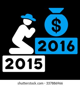 Pray For Money 2016 vector icon. Style is bicolor flat symbol, blue and white colors, rounded angles, black background.