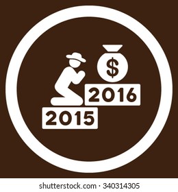 Pray For Money 2016 vector icon. Style is flat circled symbol, white color, rounded angles, brown background.