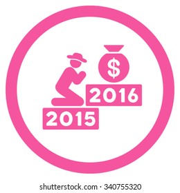 Pray For Money 2016 vector icon. Style is flat circled symbol, pink color, rounded angles, white background.