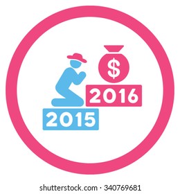 Pray For Money 2016 vector icon. Style is bicolor flat circled symbol, pink and blue colors, rounded angles, white background.