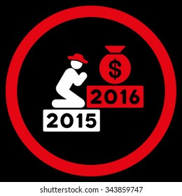 Pray For Money 2016 vector icon. Style is bicolor flat circled symbol, red and white colors, rounded angles, black background.