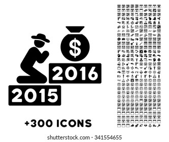 Pray For Money 2016 vector pictogram with additional 300 date and time management icons. Style is flat symbols, black color, rounded angles, white background.