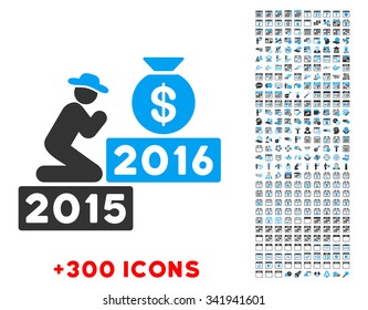Pray For Money 2016 vector pictogram with additional 300 date and time management icons. Style is bicolor flat symbols, blue and gray colors, rounded angles, white background.
