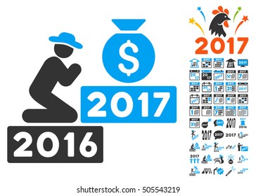 Pray for Money 2017 pictograph with bonus 2017 new year icon set. Vector illustration style is flat iconic symbols,modern colors.