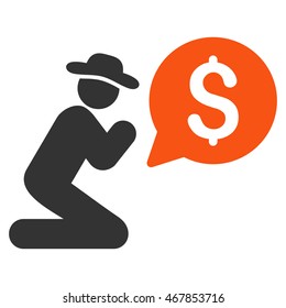 Pray for Money icon. Vector style is bicolor flat iconic symbol with rounded angles, orange and gray colors, white background.