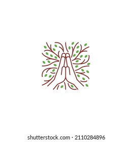 Pray for nature, folded hand praying with tree leaf, twig, root. Vector icon logo template