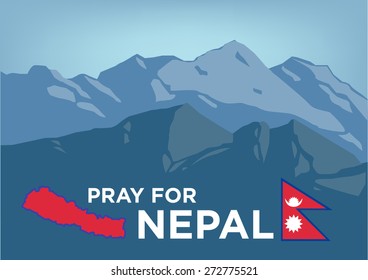 Pray for Nepal. Earthquake Crisis 2015 concept showing Mt Everest with Nepalese map and flag. 