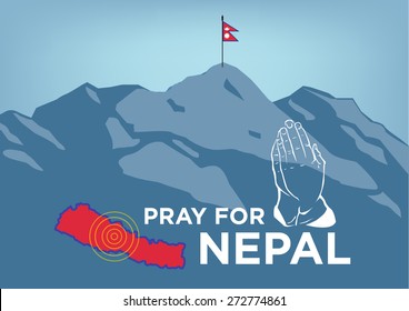 Pray for Nepal. Earthquake Crisis Concept showing Mt Everest with hands praying, country map and Nepalese flag on the summit of Everest. Editable Clip Art