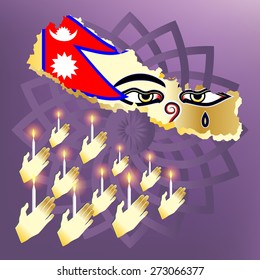 Pray for nepal hand with candle light pray for nepal with nepal map flag wisdom eyes and purple henna mandalas 