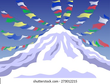 pray for Nepal, mountain colorful flags, vector design