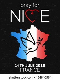 Pray for Nice with dove with olive branch. Nice terrorist attack on Bastille Day. Mourning.