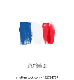 Pray for Nice hashtag with flag of France vector illustration. World support for France - sorrow grief symbol. Terrorist attack in Nice on July 14, 2016. Paint brush texture.