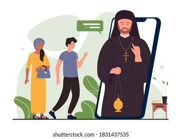 Pray online, church religion service vector illustration. Cartoon flat prayer people meeting with pastor online for praying, using digital religious worship teleconference technology isolated on white