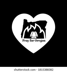 Pray for Oregon. Icon to support wildfires on the west coast of the USA. Heart shape with flames and trees.