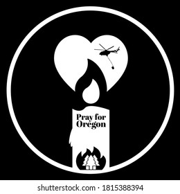 Pray for Oregon. Icon to support wildfires on the west coast of the USA. Candle shape with heart, flames and trees.