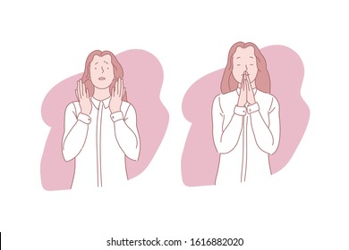 Pray, orison, verbal and silent appeal concept. Gesture, emotionality, religion, belief, hope and faith, young woman talking to god, girl folding hands for prayer. Simple flat vector