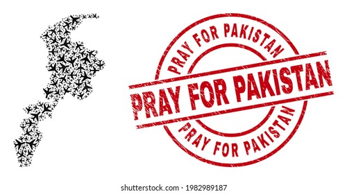 Pray for Pakistan textured seal stamp, and Khyber Pakhtunkhwa Province map collage of airplane elements. Collage Khyber Pakhtunkhwa Province map created of aircraft.