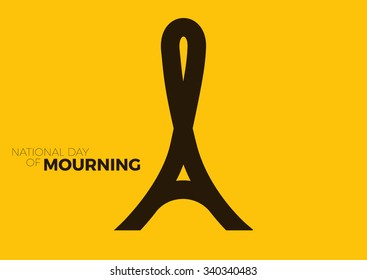 Pray for Paris. Black ribbon. Attack on 13 November 2015. Day of Mourning. Emblem with tower and black ribbon. Vector design illustration