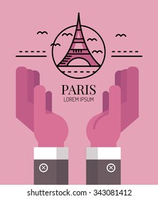Pray for Paris. Hand with eiffel tower sign. line flat logo and icon design. vector illustration