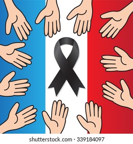 pray for Paris, helping hand to Paris and black ribbon for against terrorism , 13 November 2015 