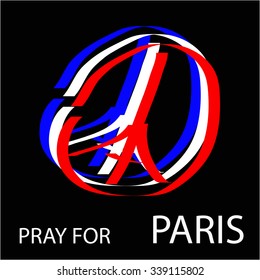 Pray for Paris - sketch of Eiffel tower and pray hands in three colors of the French flag, blue, white and red. Tribute to victims of terrorism attack in center of Paris. Vector editable illustration 
