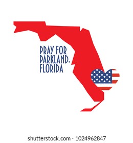 Pray For Parkland Florida Vector Illustration. Great As Donate, Relief Or Help Victims Icon. Heart, Map And Text: Pray For Parkland Florida. Support For Charity Work After Mass Shooting.