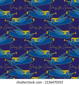 Pray for Peace. Seamless pattern. Handwritten  lettering.  Golden inscription, hand drawn beautiful little angels and hearts isolated on blue background. Vector illustration.