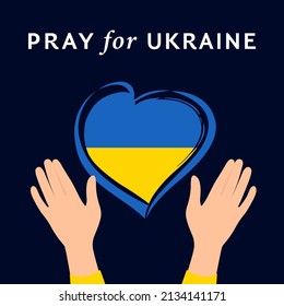 Pray for peace Ukraine, hands and heart. Vector flat illustration on dark blue background concept of Praying, mourning, humanity. No war