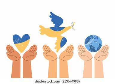 Pray for peace Ukraine. Stop War. Hands of different skin colors hold the dove of peace,  heart shaped flag of Ukraine, planet earth. World peace. Conceptual vector flat illustration, banner, poster
