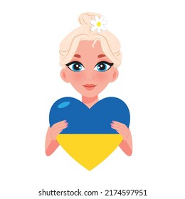 Pray for peace Ukraine, support Ukraine, Love Ukraine, heart emblem national flag colored. Woman holding a heart in the colors of the flag of ukraine. Vector illustration on white background. No war.