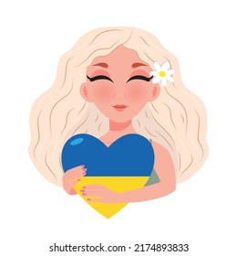 Pray for peace Ukraine, support Ukraine, Love Ukraine, heart emblem national flag colored. Woman hugging a heart in the colors of the flag of ukraine. Vector illustration on white background. No war.