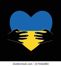 Pray for peace Ukraine, support Ukraine, Love Ukraine, heart emblem national flag colored. Flag of Ukraine with heart shape and hands – vector flat illustration on black background. No war.